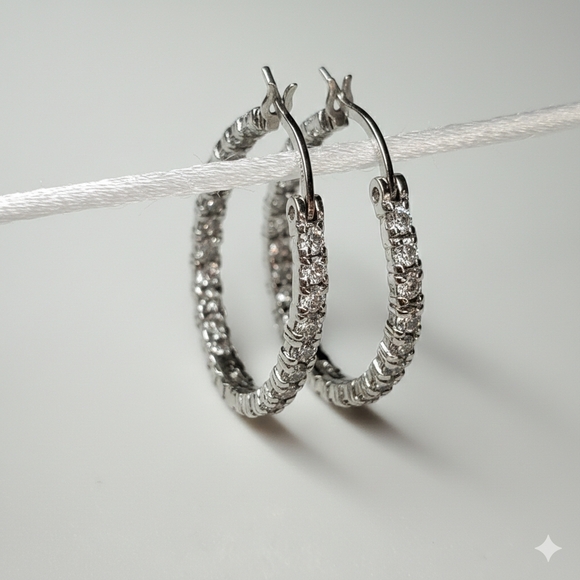 Vintage Jewelry - Earrings 1" Hoops 925 Sterling Silver FAB Prong Cubic Zirconia Pierced Vintage